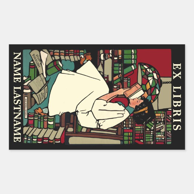 Vintage Woman Reading Ex Libris Bookplate Template Sticker (Front)