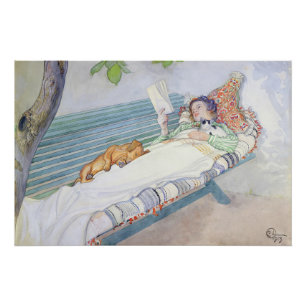 Vintage Woman Reading in Garden Illustration  Poster