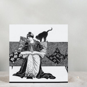 Vintage woman reading with cat coaster