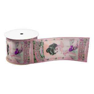 Vintage woman sipping champagne label ribbon satin ribbon