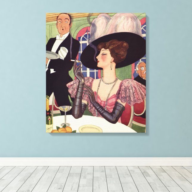 Vintage Woman Smoking Cigarette Drinking Champagne Canvas Print (Insitu(Wood Floor))