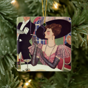 Vintage Woman Smoking Cigarette Drinking Champagne Ceramic Ornament