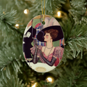 Vintage Woman Smoking Cigarette Drinking Champagne Ceramic Ornament