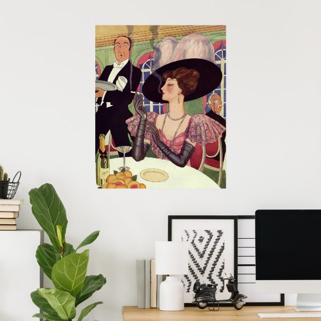 Vintage Woman Smoking Cigarette Drinking Champagne Poster (Home Office)