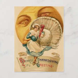 Vintage Woman Turkey and Moon Thanksgiving Postcard