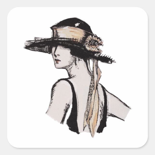 Vintage woman wearing hat square sticker (Front)