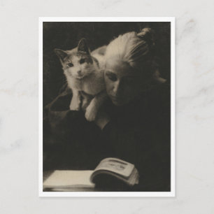 Vintage Woman with Cat Postcard Restored