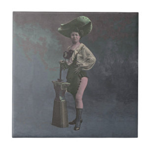 Vintage woman with hammer and anvil tile