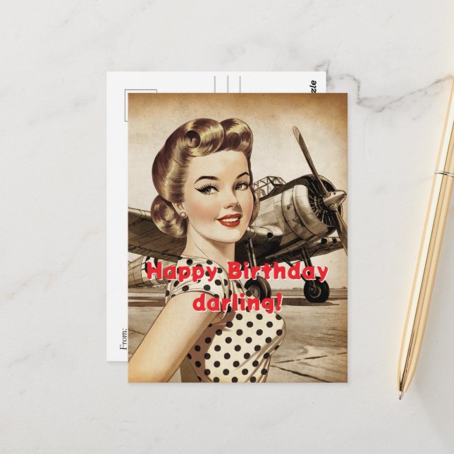 Vintage Woman & WW2 Airplane, Elegant Birthda Postcard (Front/Back In Situ)