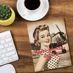 Vintage Woman & WW2 Airplane, Elegant Birthda Postcard
