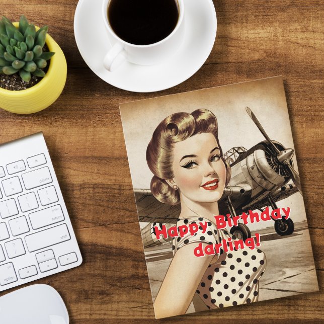 Vintage Woman & WW2 Airplane, Elegant Birthda Postcard (Creator Uploaded)