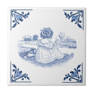 Vintage Women Drawing Delft Corner Blue and White Tile