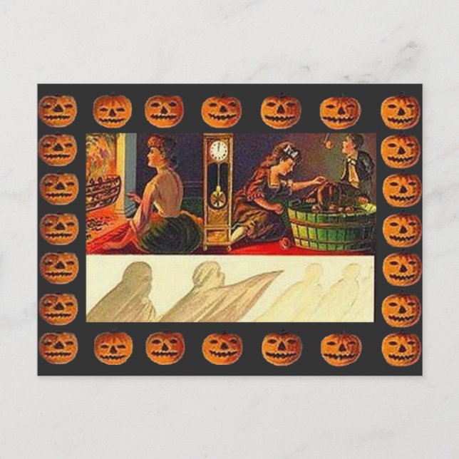 Vintage Women, Ghost and Jack o' Lanterns Postcard (Front)