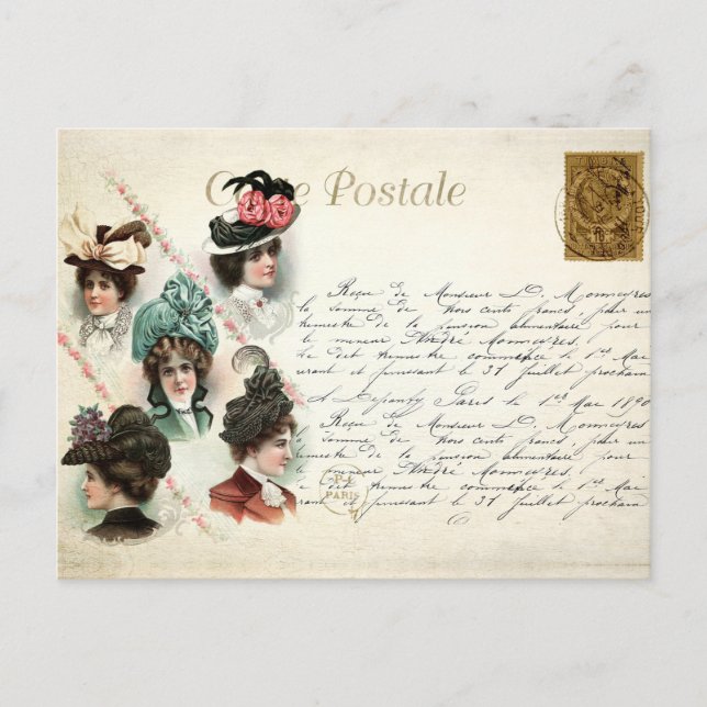 Vintage Women Wearing Hats with Handwriting French Postcard (Front)