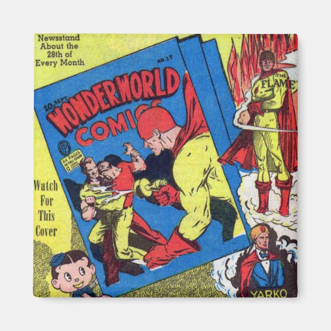Vintage Wonderworld Comics The Flame Superhero Magnet (Front)