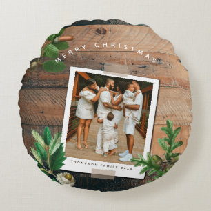 Vintage Wood Acorn Christmas Holiday Photo Round Pillow
