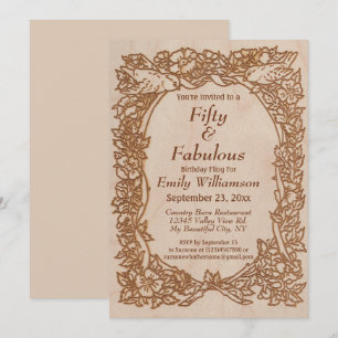 Vintage Wood Bird Floral Rustic 50th Birthday Invitation