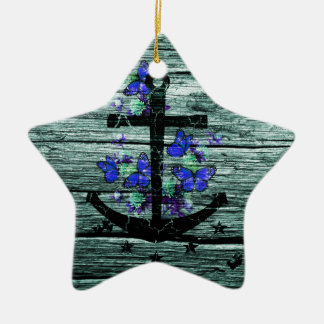 Vintage Wood & Black Anchor With Blue Butterflies Ceramic Ornament