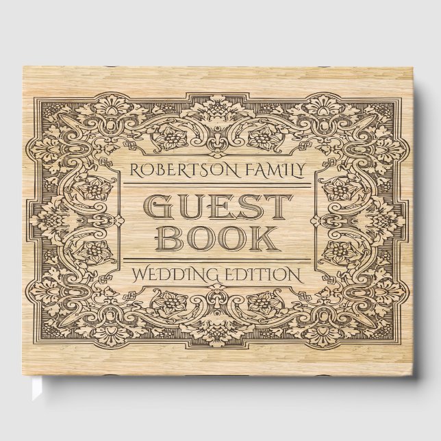 Vintage Wood Burnt Engraved Look Guest Book (Front)
