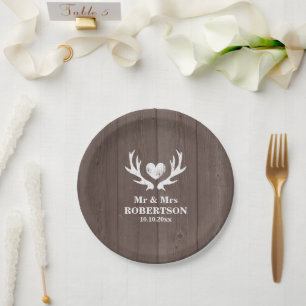 Vintage wood grain deer antler wedding party plate