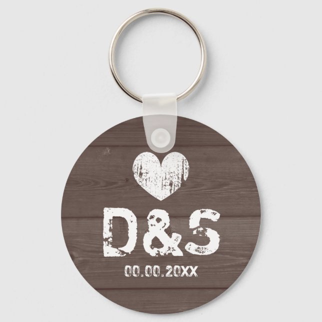 Vintage wood grain wedding party favour keychain (Front)