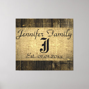 Vintage Wood Look Rustic Burlap Monogram Canvas Print
