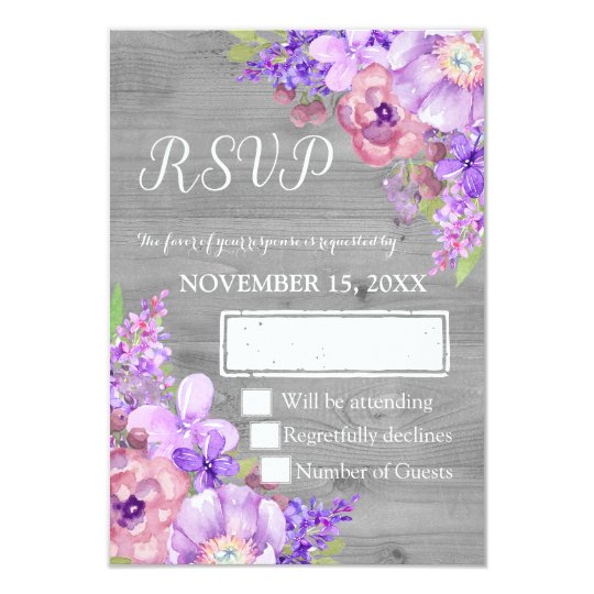 Vintage Wood Purple Floral Wedding RSVP Card