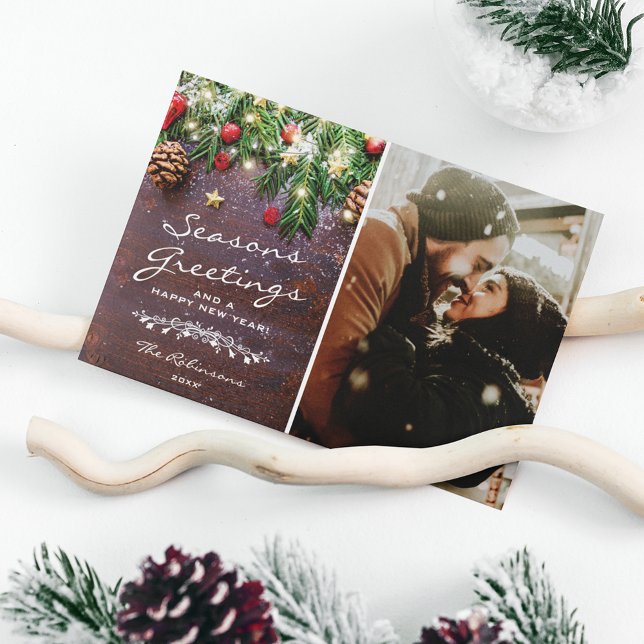 Vintage Wood Seasons Greetings Photo Holiday Card (Creator Uploaded)