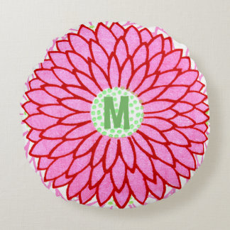 Vintage Woodblock Pink & Red Flower Blossoms Round Pillow