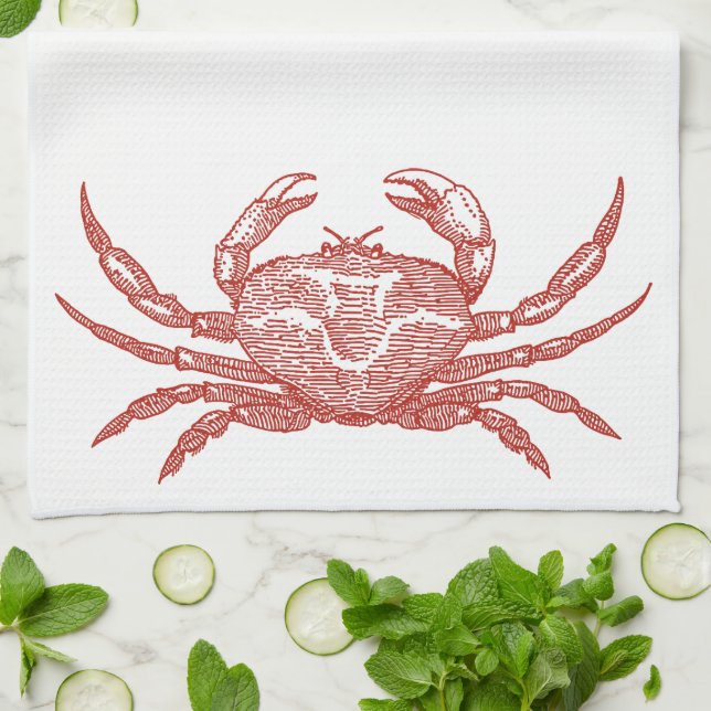 Vintage Woodcut Red Crab Kitchen Towel (Folded)