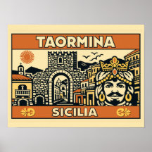 Vintage Woodcut Taormina Sicily Poster 
