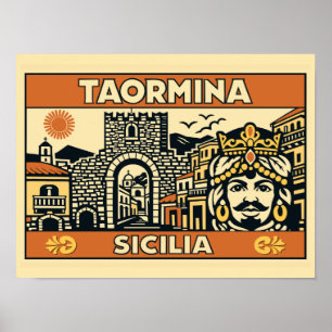Vintage Woodcut Taormina Sicily Poster 