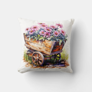Vintage Wooden Garden Cart Full Of Aster Flowers Throw Pillow