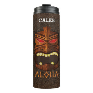 Vintage Wooden Tiki Mask Custom Name Thermal Tumbler