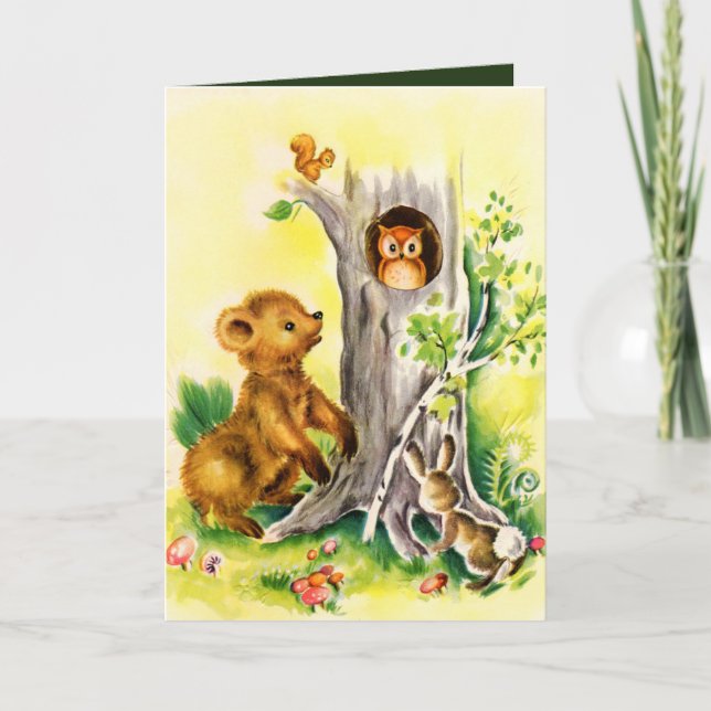 Vintage woodland animals add message greeting card (Front)