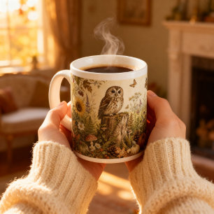 Vintage Woodland Botanical Owl Cottagecore  Large Coffee Mug