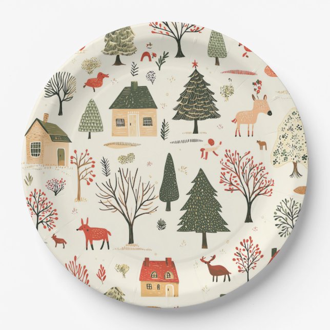 Vintage Woodland Christmas Pattern (16) Paper Plate (Front)