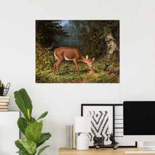 Vintage Woodland Doe and Baby Fawn Wildlife Art Poster