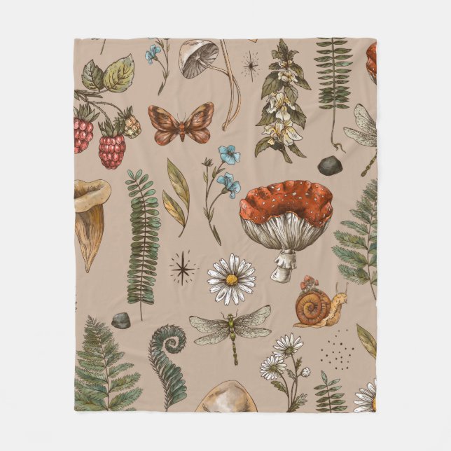 Vintage woodland nature seamless pattern. Amanita  Fleece Blanket (Front)