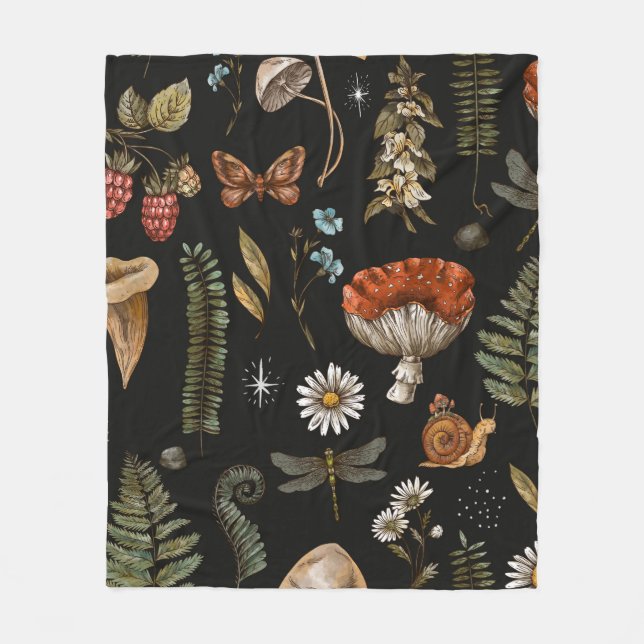 Vintage woodland nature seamless pattern. Amanita  Fleece Blanket (Front)