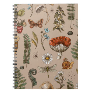 Vintage woodland nature seamless pattern. Amanita Notebook