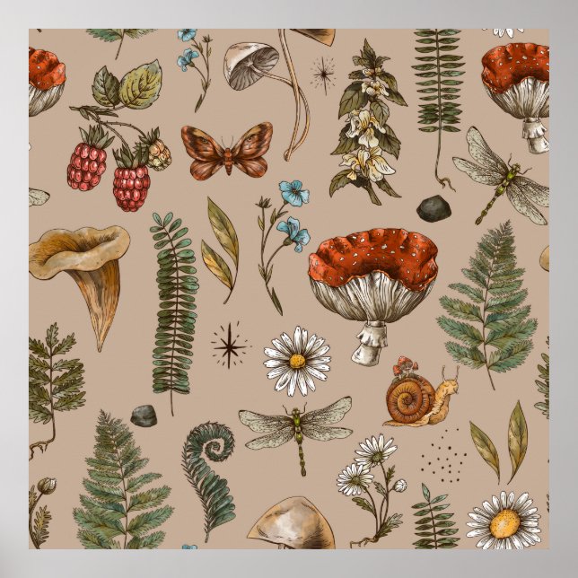 Vintage woodland nature seamless pattern. Amanita  Poster (Front)