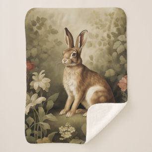 Vintage Woodland Rabbit in a Floral Forest Sherpa Blanket
