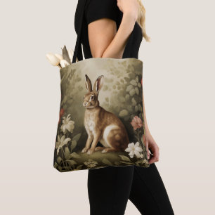 Vintage Woodland Rabbit in a Floral Forest Tote Bag