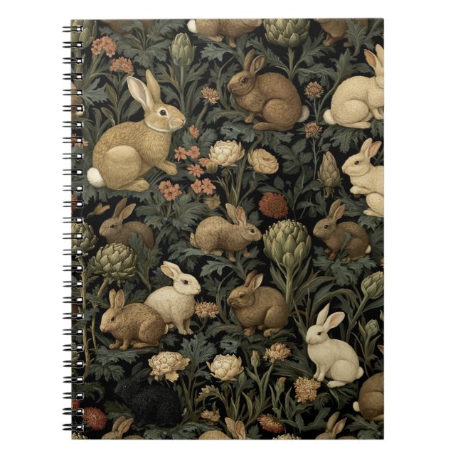 Vintage Woodland Rabbit Pattern Dark Botanical Notebook (Front)