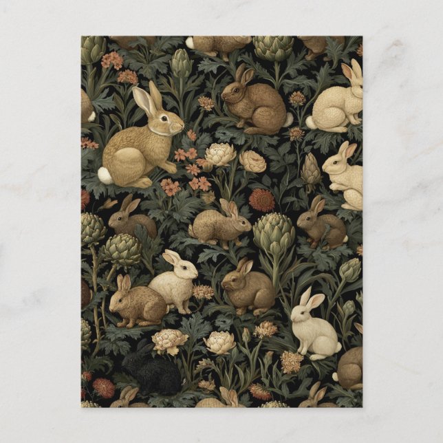 Vintage Woodland Rabbit Pattern Dark Botanical Postcard (Front)
