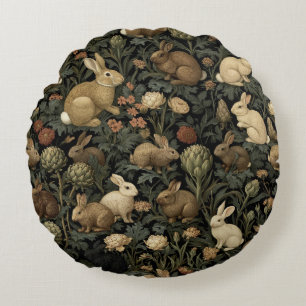 Vintage Woodland Rabbit Pattern Dark Botanical Round Pillow