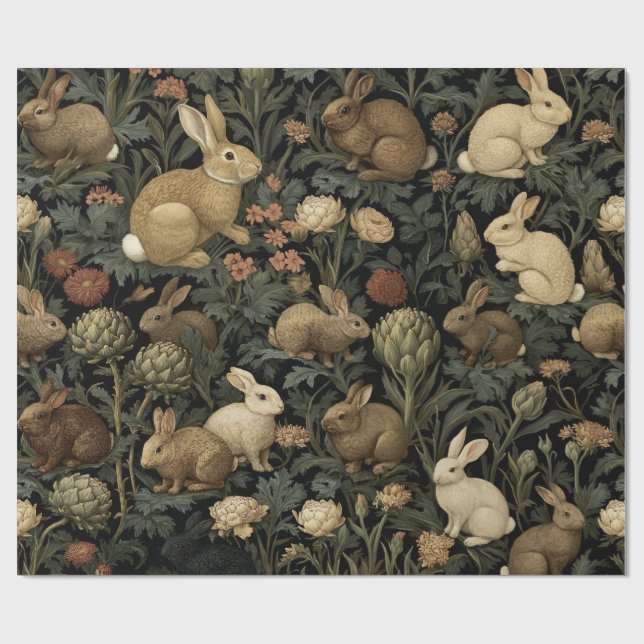 Vintage Woodland Rabbit Pattern Dark Botanical Wrapping Paper (Flat)
