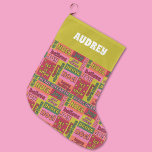 Vintage Word Collage 1970s Style Personalized Large Christmas Stocking<br><div class="desc">Add some joy to your Christmas gifts with this patterned stocking featuring a collage of Christmas greetings and sayings in a seventies style colour palette of pink,  orange,  red,  green and lime green. Your name appears at the top in retro style white lettering against a lime green background.</div>