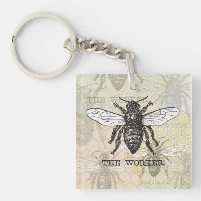 Vintage Worker Bee Illustration Art Keychain (Front)